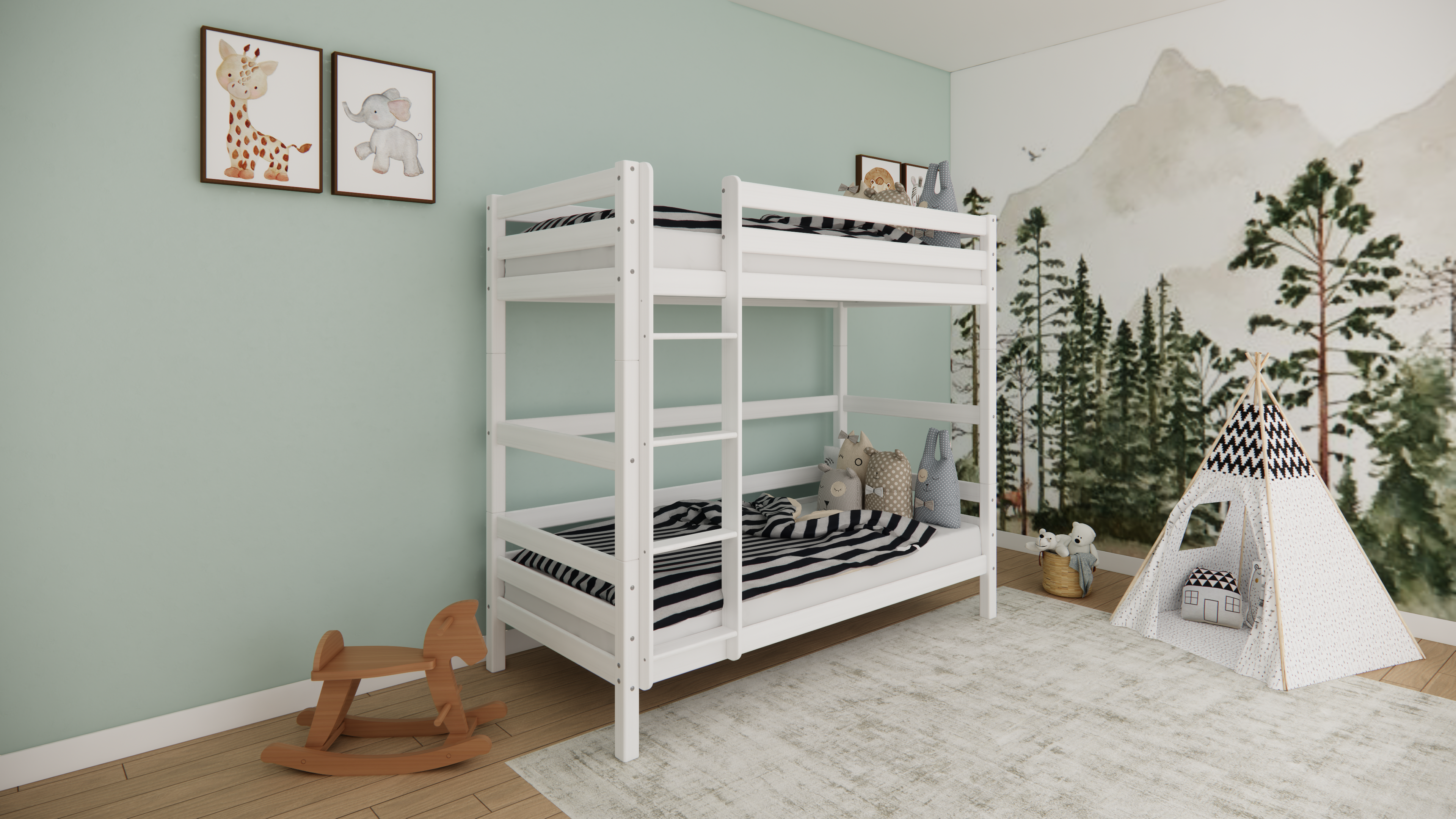 Weisses Etagenbett aus massivem Buchenholz für Kinder, 90x200 cm