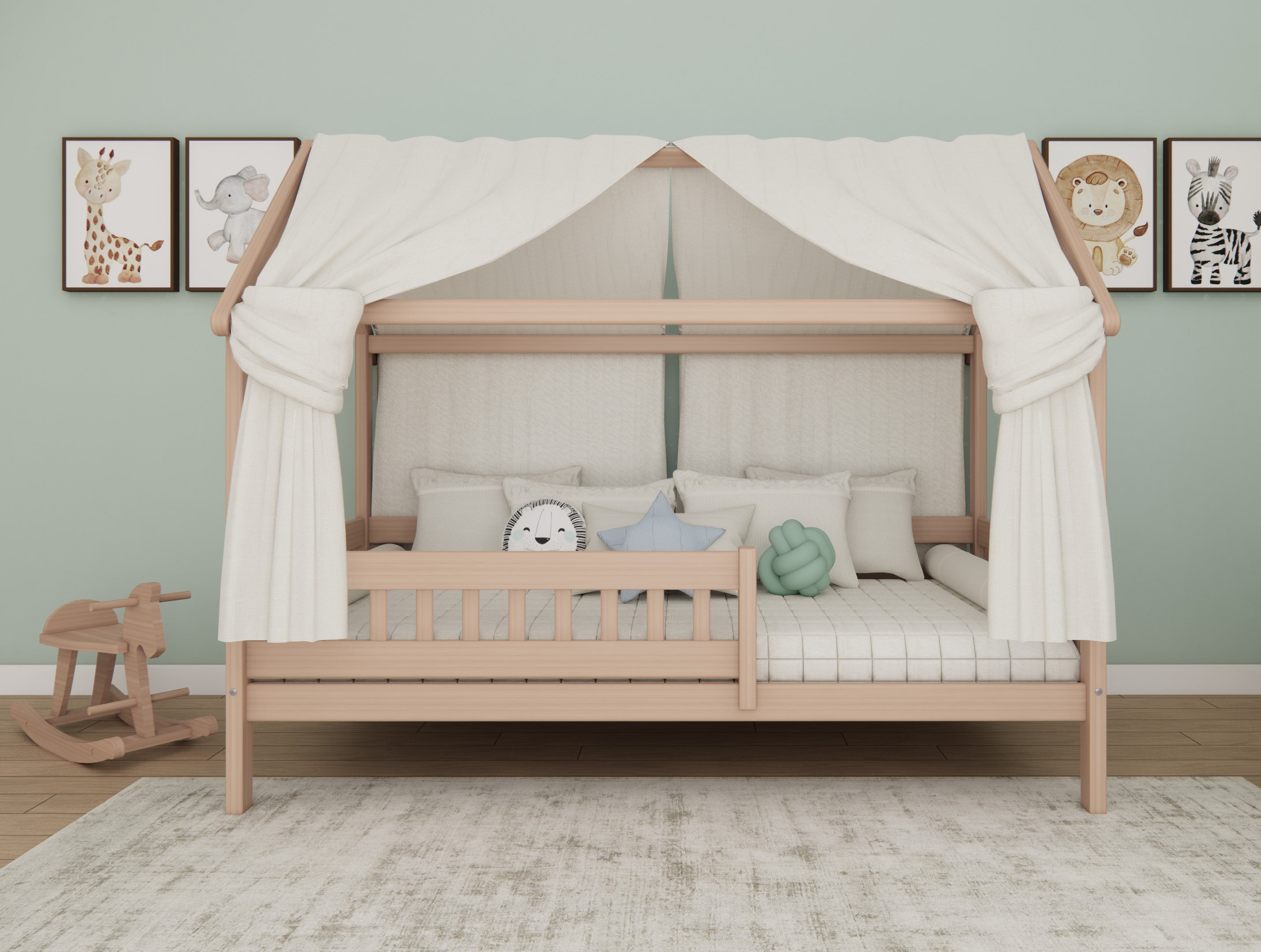 Hausbett aus massivem Buchenholz für Kinder, 90x200 cm, natur
