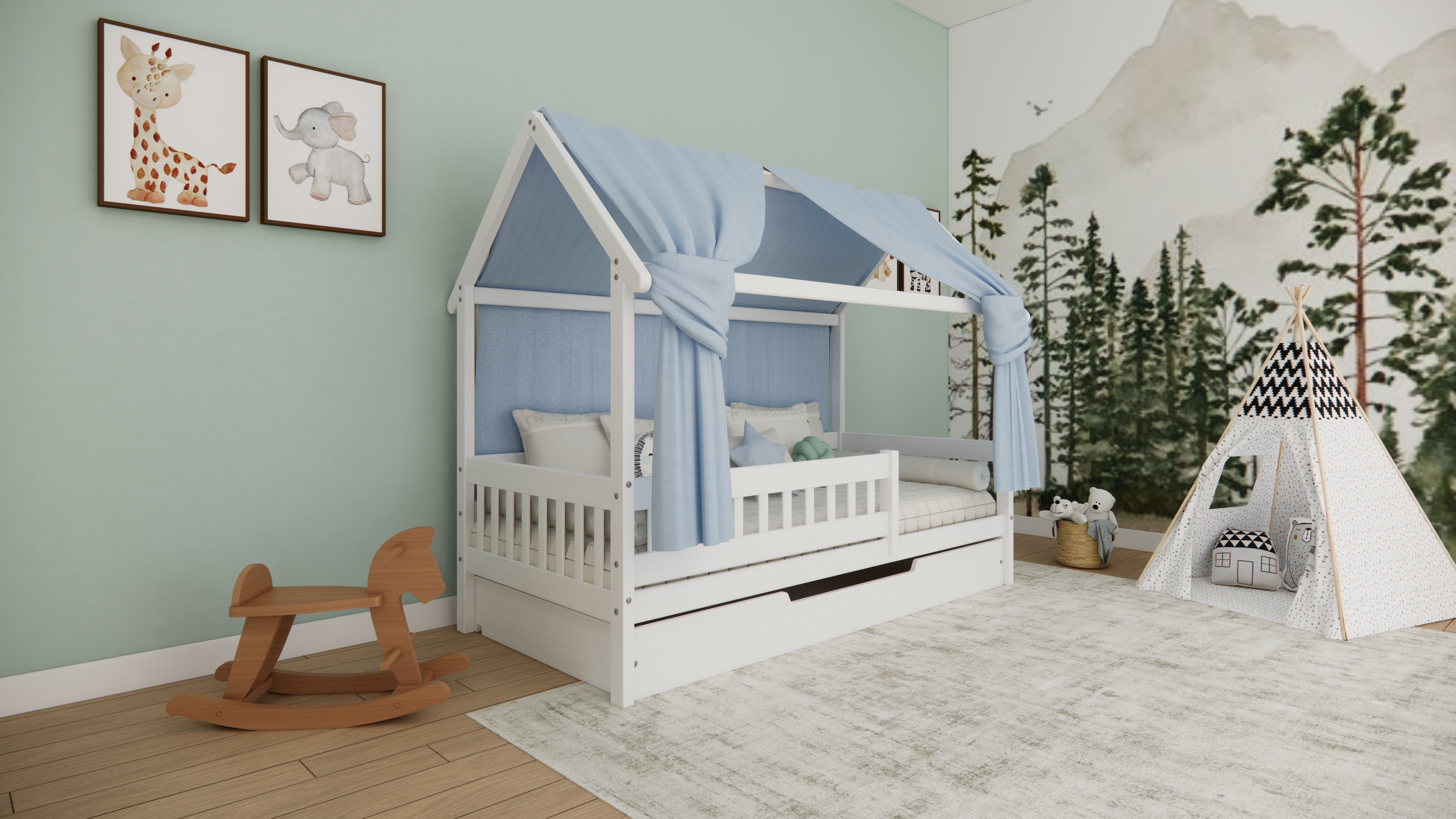 Weisses Hausbett mit Ausziehbett / Bettschublade aus massivem Buchenholz für Kinder, 90x200 cm