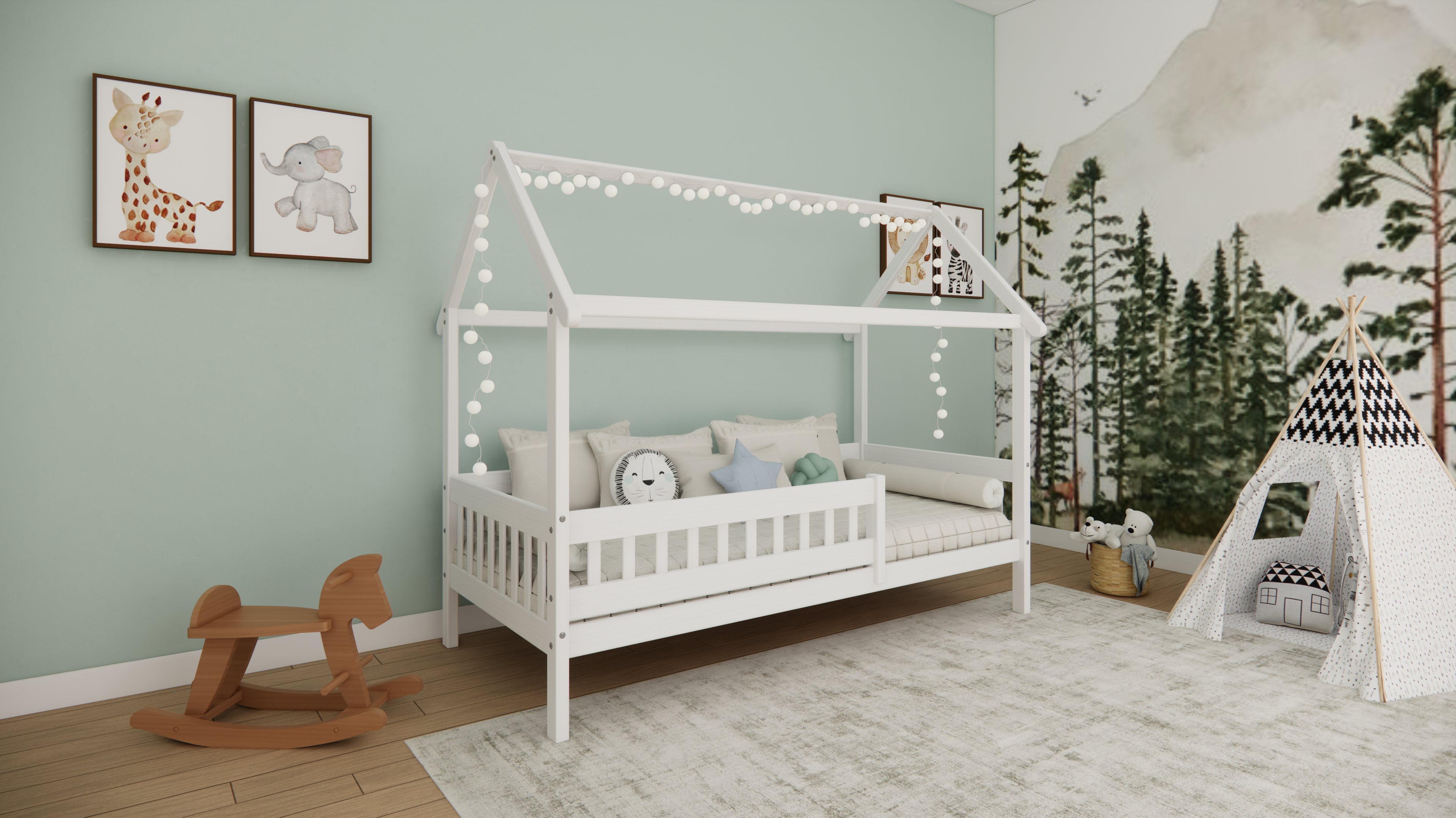 Weisses Hausbett aus massivem Buchenholz für Kinder, 90x200 cm