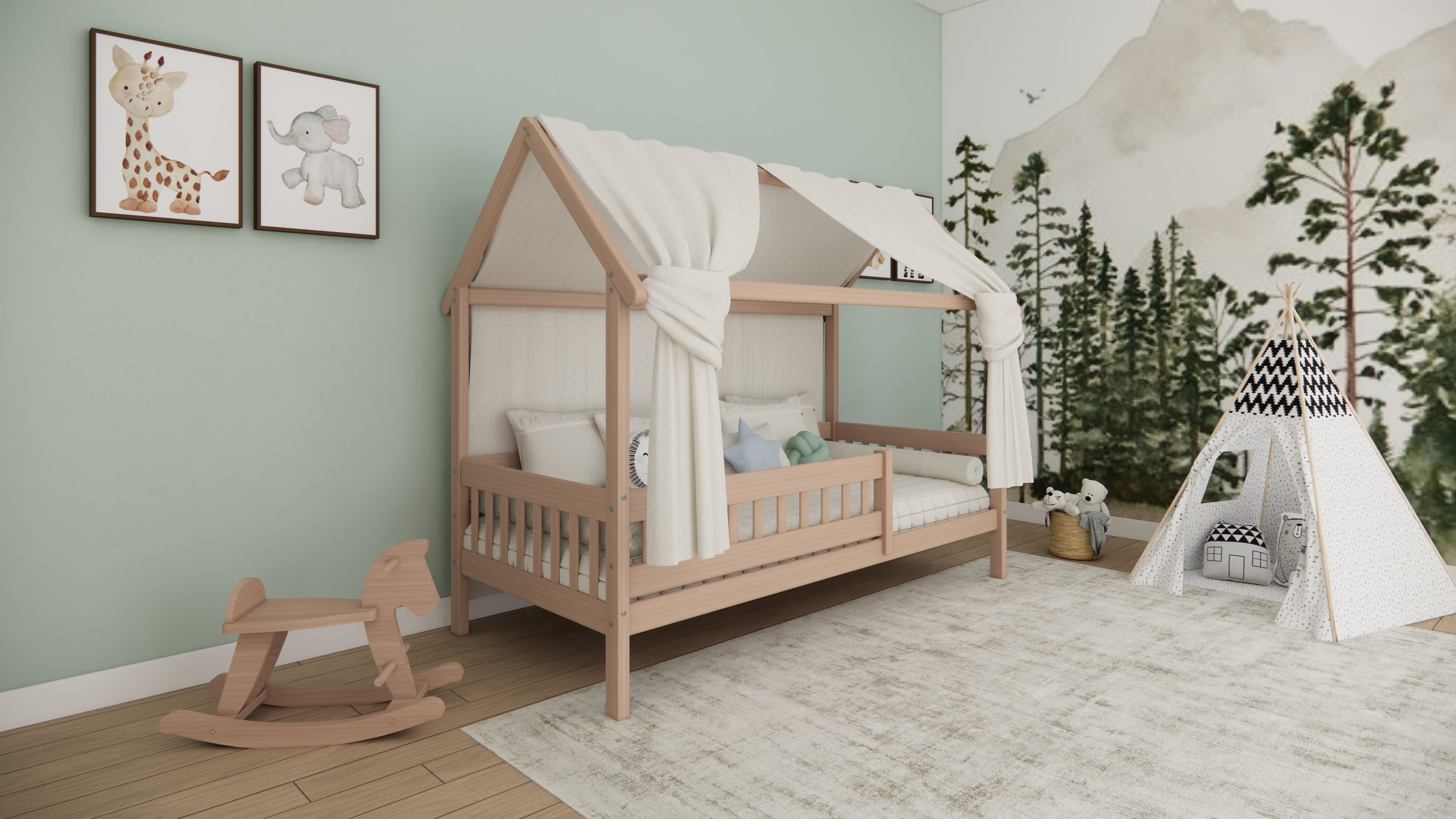 Hausbett aus massivem Buchenholz für Kinder, 90x200 cm, natur