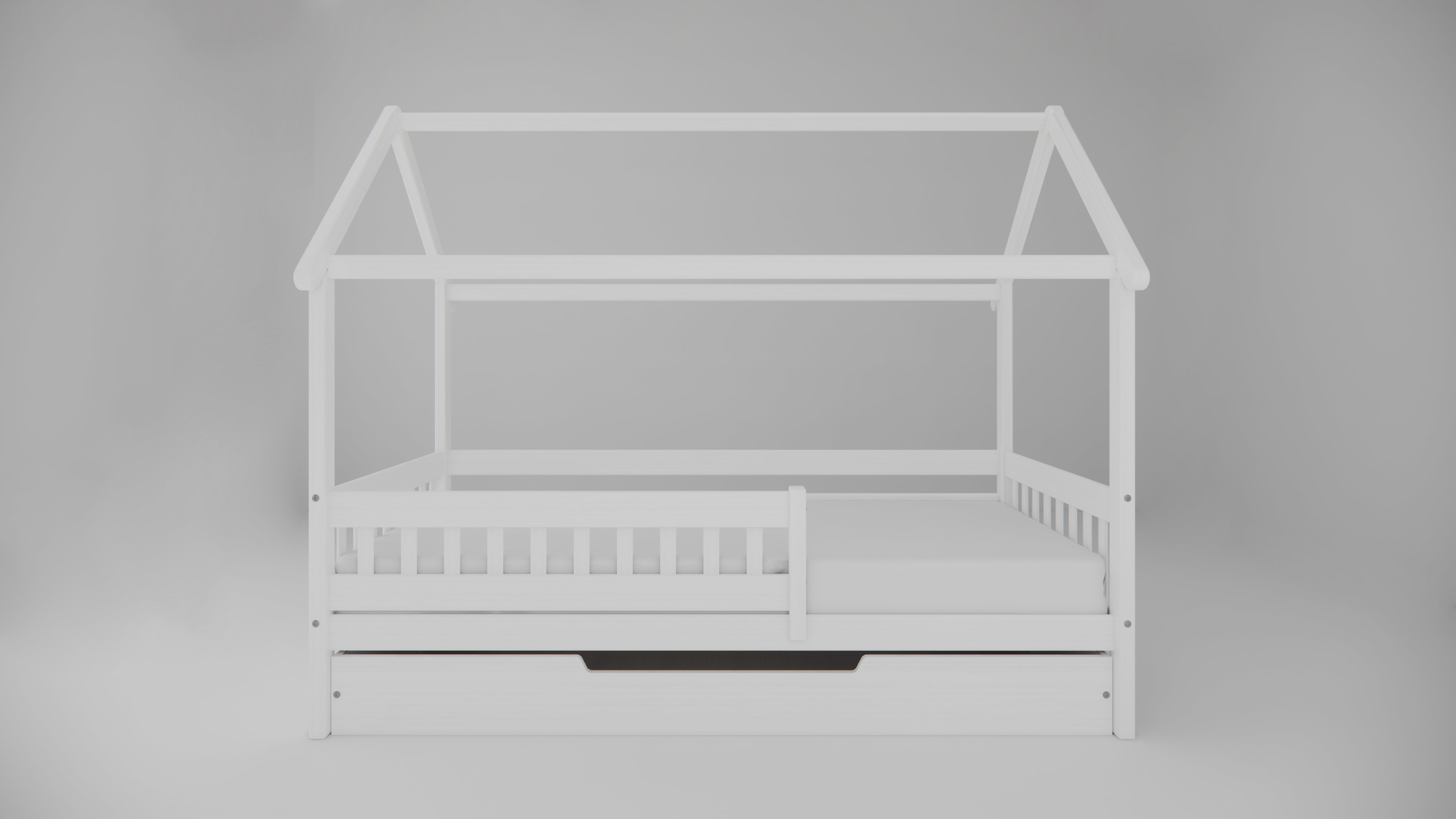 Weisses Hausbett mit Ausziehbett / Bettschublade aus massivem Buchenholz für Kinder, 90x200 cm