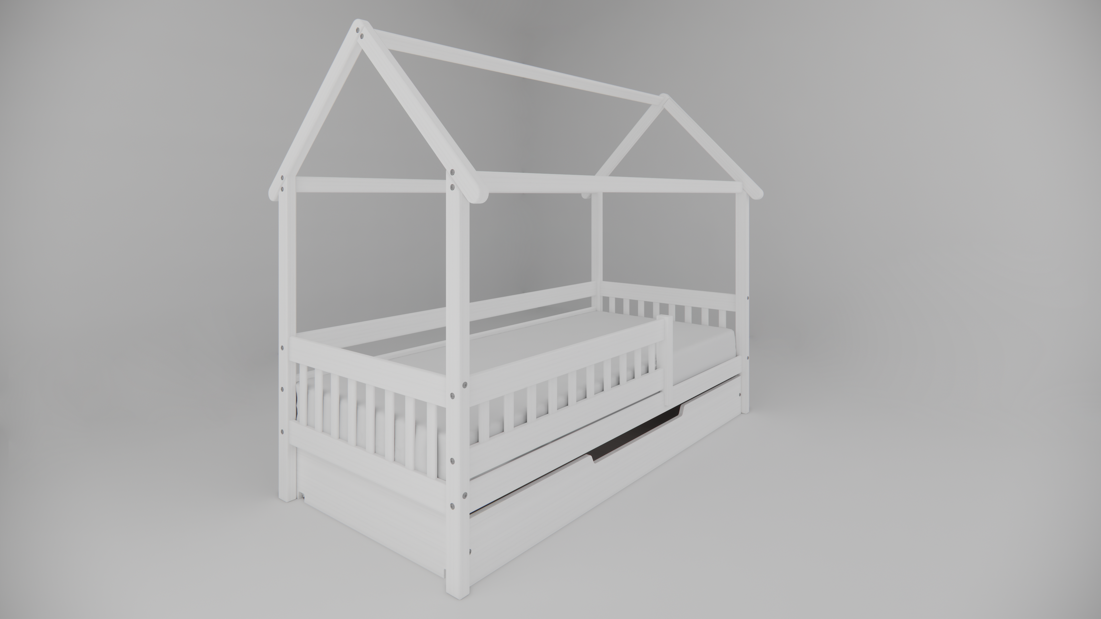 Weisses Hausbett mit Ausziehbett / Bettschublade aus massivem Buchenholz für Kinder, 90x200 cm