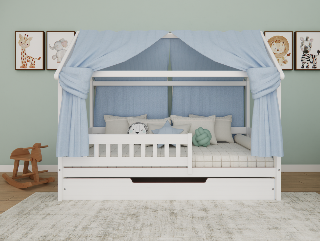 Weisses Hausbett mit Ausziehbett / Bettschublade aus massivem Buchenholz für Kinder, 90x200 cm