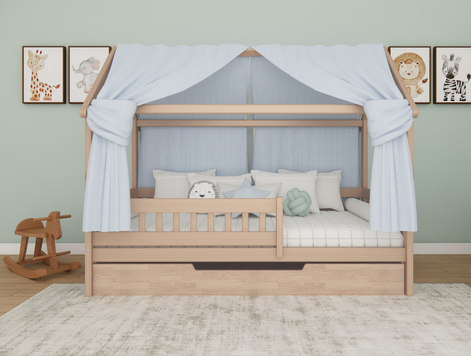 Hausbett mit Ausziehbett / Bettschublade aus massivem Buchenholz für Kinder, 90x200 cm, natur