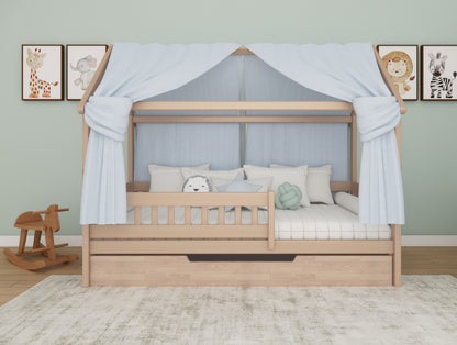 Hausbett mit Ausziehbett / Bettschublade aus massivem Buchenholz für Kinder, 90x200 cm, natur