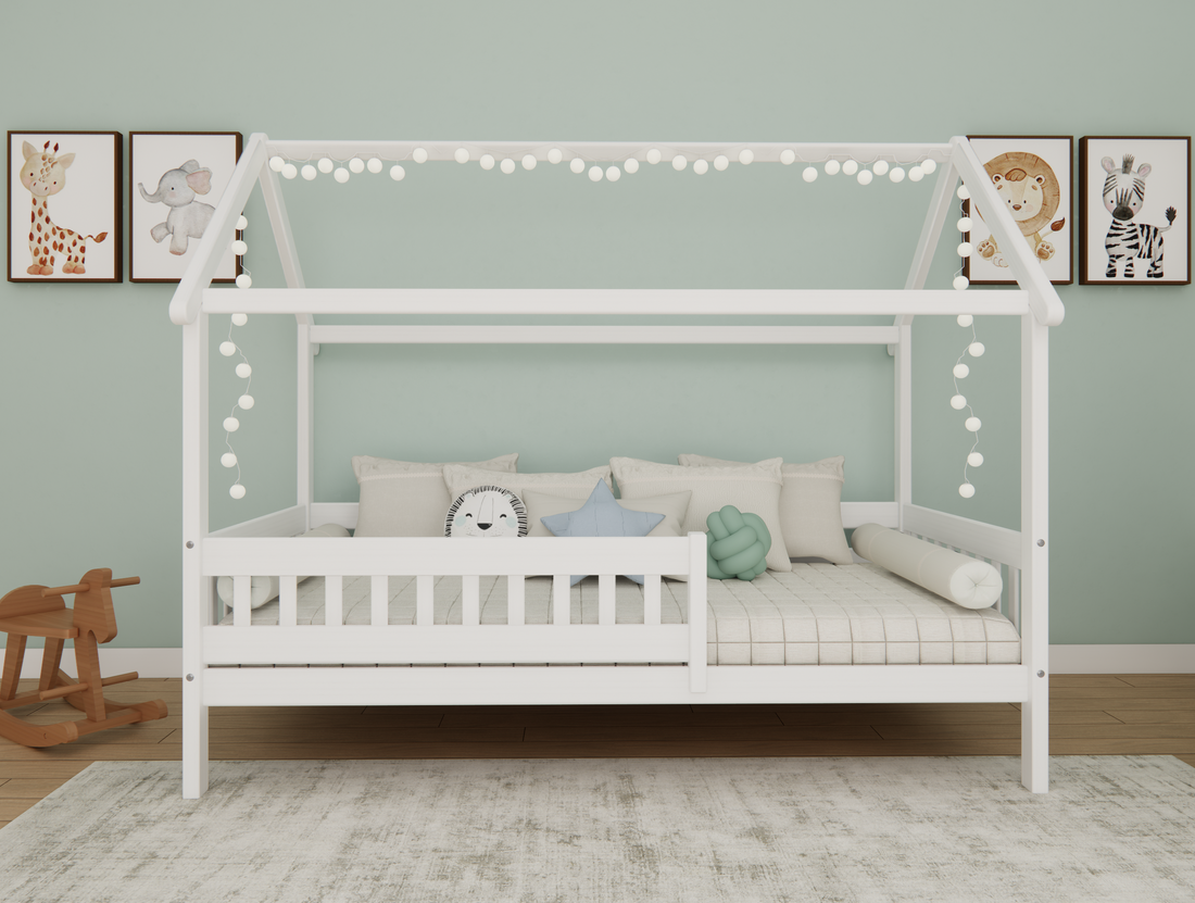 Weisses Hausbett aus massivem Buchenholz für Kinder, 90x200 cm
