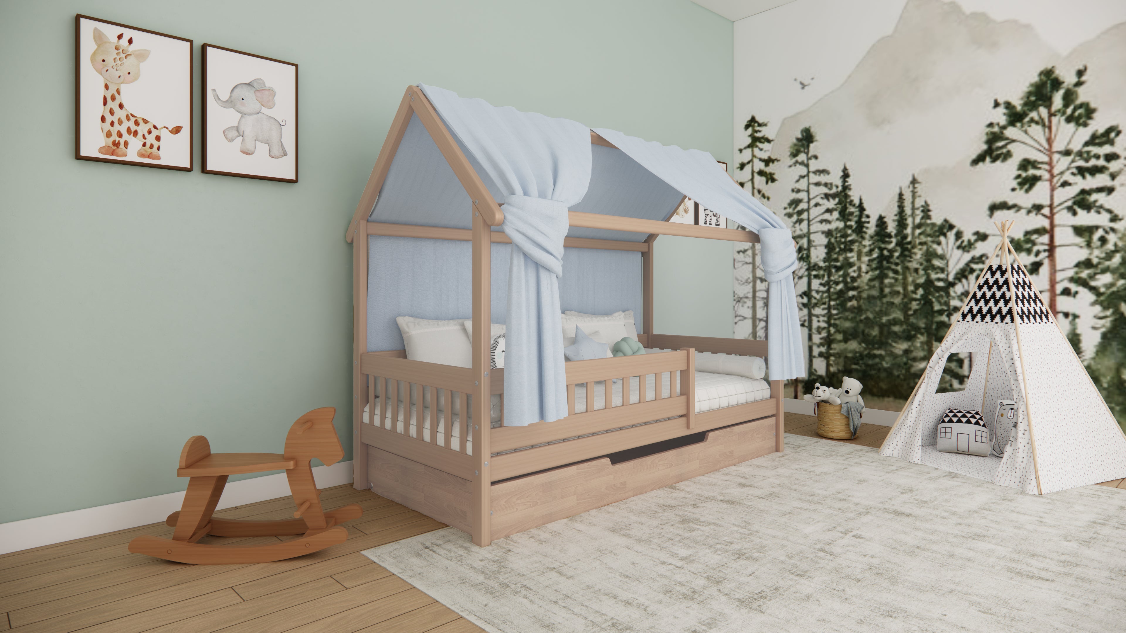 Hausbett mit Ausziehbett / Bettschublade aus massivem Buchenholz für Kinder, 90x200 cm, natur