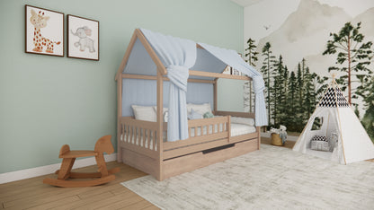 Hausbett mit Ausziehbett / Bettschublade aus massivem Buchenholz für Kinder, 90x200 cm, natur