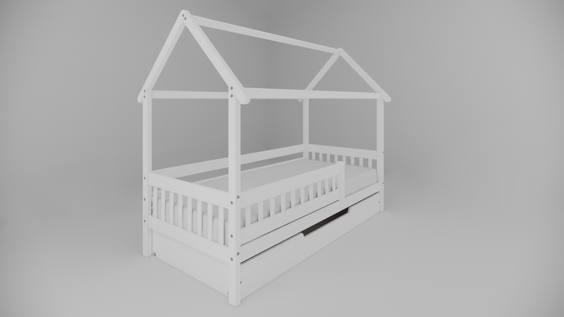 Weisses Hausbett mit Ausziehbett / Bettschublade aus massivem Buchenholz für Kinder, 90x200 cm