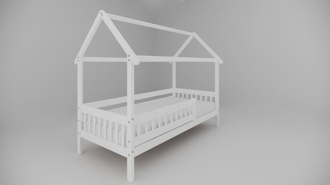 Weisses Hausbett aus massivem Buchenholz für Kinder, 90x200 cm