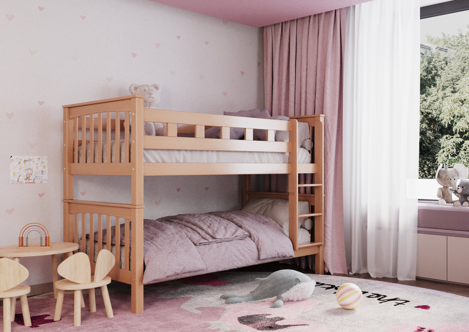 Etagenbett aus massivem Buchenholz für Kinder, 90x200 cm, natur